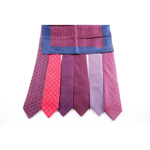 326 - A group of seven Hermes silk ties, various designs, and a silk hankerchief.
