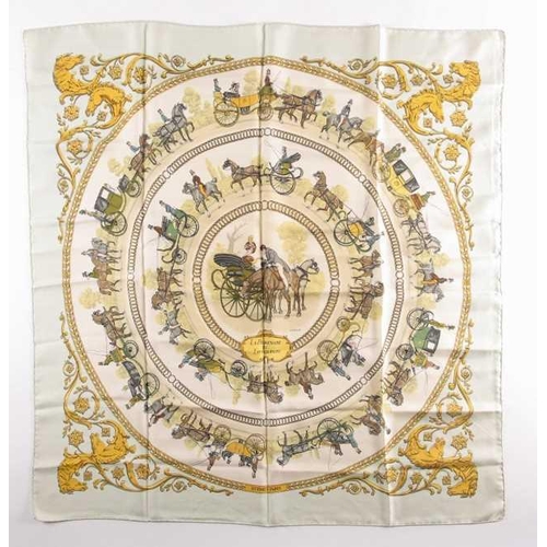 333 - A Hermes silk square scarf printed with La Promenade De Longchamps pattern in yellow and tones of pa... 