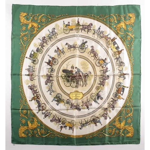 333 - A Hermes silk square scarf printed with La Promenade De Longchamps pattern in yellow and tones of pa... 
