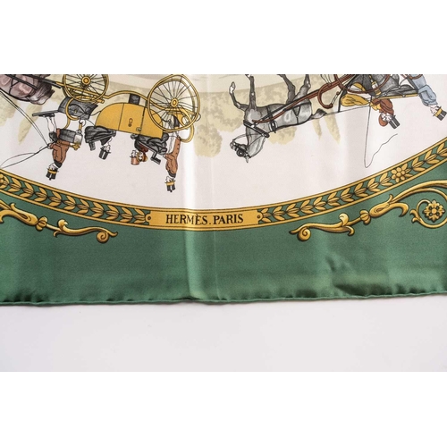 333 - A Hermes silk square scarf printed with La Promenade De Longchamps pattern in yellow and tones of pa... 