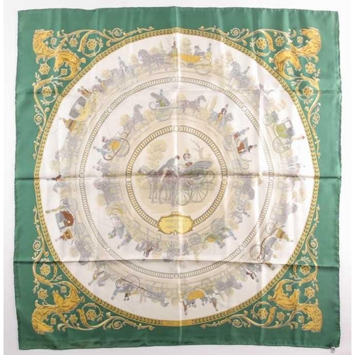 333 - A Hermes silk square scarf printed with La Promenade De Longchamps pattern in yellow and tones of pa... 