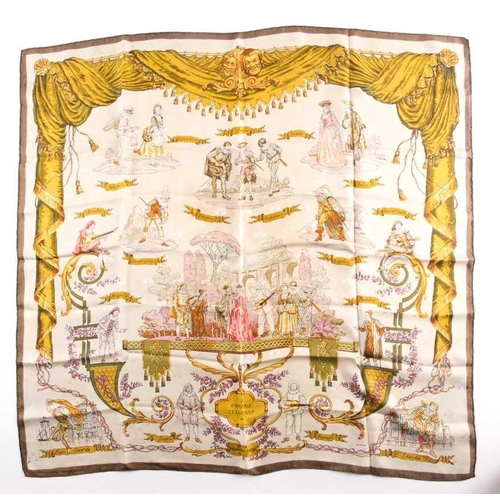 334 - Hermes, Paris. A silk scarf depicting Italian theatrical figures including Colombine, Crispin, and G... 