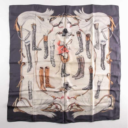 338 - A Hermes silk square scarf printed with coaching scenes on a pink ground, together with another 