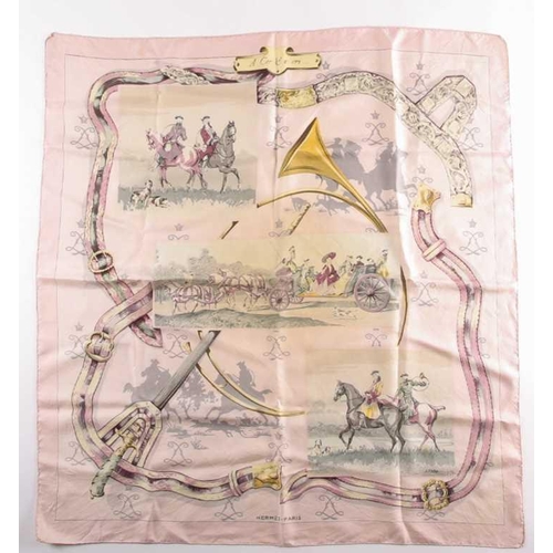 338 - A Hermes silk square scarf printed with coaching scenes on a pink ground, together with another 