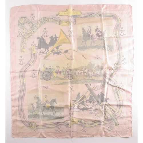338 - A Hermes silk square scarf printed with coaching scenes on a pink ground, together with another 