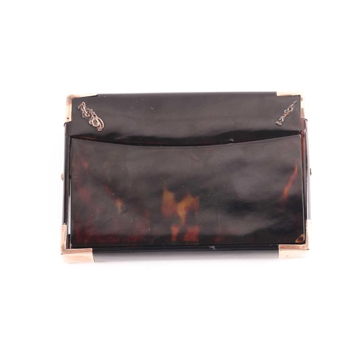 343 - An early 20th century rose gold mounted tortoiseshell card case; rectangular envelope style with hin... 