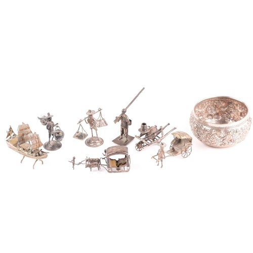 350 - A Continental novelty silver grinding wheel on barrow, and other novelty items in white metal and a ... 