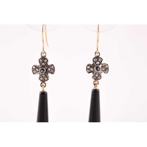 71 - A pair of diamond and onyx drop earrings, with tapered black onyx drops, beneath a diamond and sapph... 