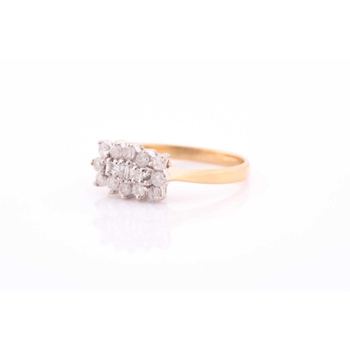 82 - An 18ct yellow gold and diamond cluster ring, centred with three emerald-cut diamonds surrounded wit... 