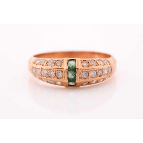 86 - A yellow metal, emerald, and moissonite ring, set with three calibre-cut emeralds and pave-set with ... 