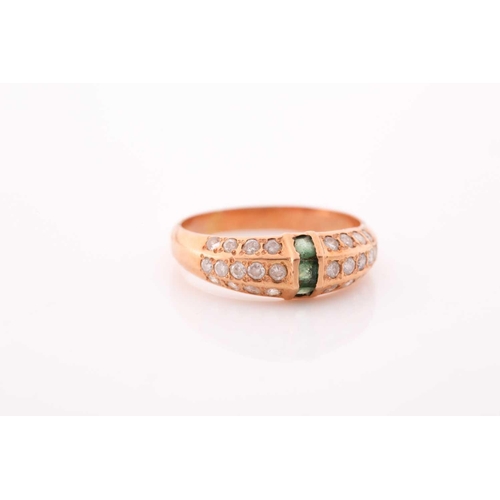 86 - A yellow metal, emerald, and moissonite ring, set with three calibre-cut emeralds and pave-set with ... 