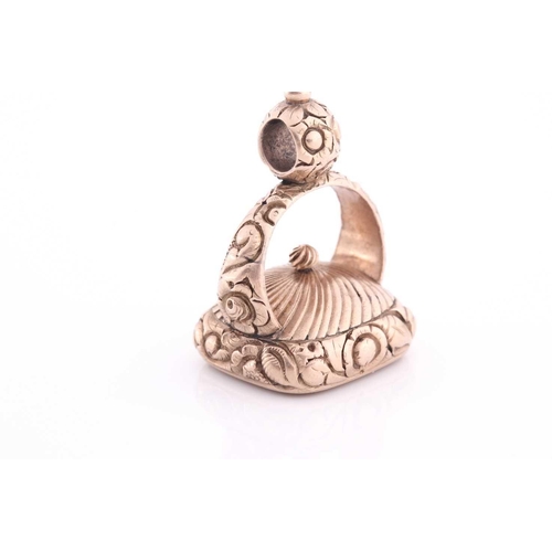 88 - A yellow metal and citrine quartz fob pendant, the intaglio engraving bearing a motto and coat-of-ar... 