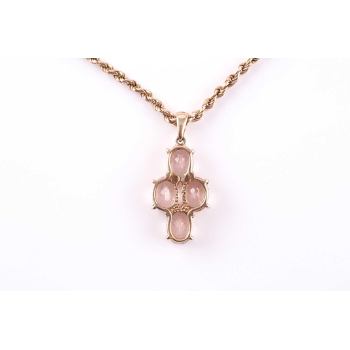 97 - A 9ct yellow gold and morganite pendant, set with four mixed oval-cut morganites with chequerboard f... 
