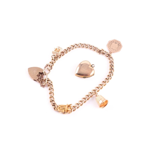 98 - A 9 carat gold curb pattern charm bracelet, with padlock clasp and suspending four charms, together ... 