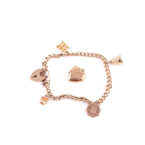 98 - A 9 carat gold curb pattern charm bracelet, with padlock clasp and suspending four charms, together ... 