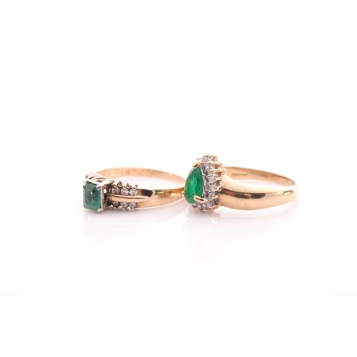 109 - An emerald and diamond cluster ring, the pear-shaped emerald within a border of round brilliant cut ... 