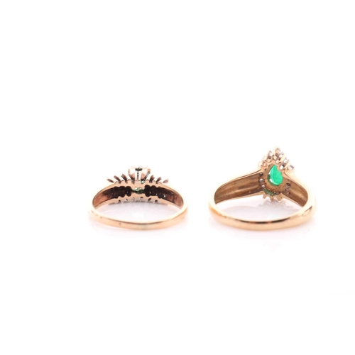 109 - An emerald and diamond cluster ring, the pear-shaped emerald within a border of round brilliant cut ... 