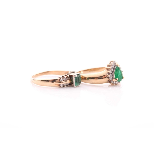 109 - An emerald and diamond cluster ring, the pear-shaped emerald within a border of round brilliant cut ... 