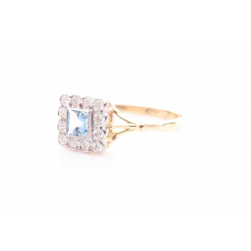 114 - An 18ct yellow gold, diamond, and aquamarine ring, set with a square-cut aquamarine of approximately... 