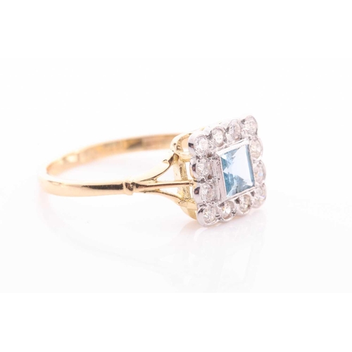114 - An 18ct yellow gold, diamond, and aquamarine ring, set with a square-cut aquamarine of approximately... 