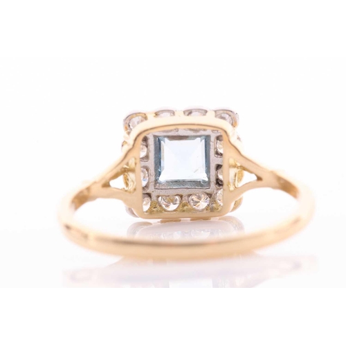 114 - An 18ct yellow gold, diamond, and aquamarine ring, set with a square-cut aquamarine of approximately... 