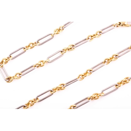 119 - A bi-coloured 18ct gold and platinum necklace and bracelet en suite; fetter and three design, the ne... 