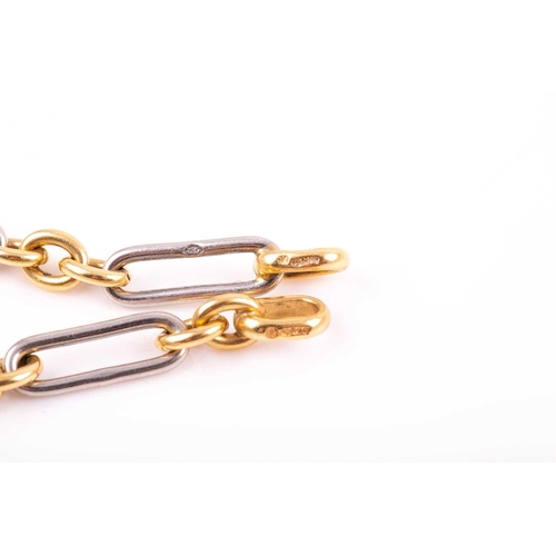 119 - A bi-coloured 18ct gold and platinum necklace and bracelet en suite; fetter and three design, the ne... 