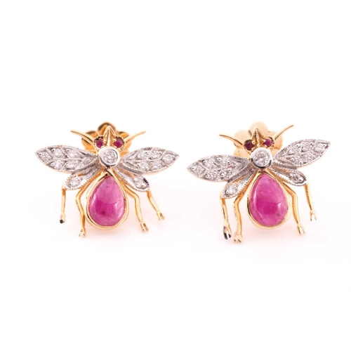 153 - A pair of yellow metal, diamond, and ruby earrings in the form of bees, each bee with a diamond-set ... 