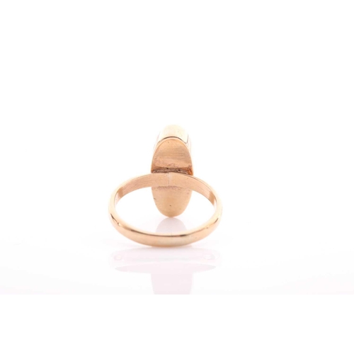 154 - A single stone opal ring, the elongated oval opal in rub over mount to a plain shank marked '750', 3... 