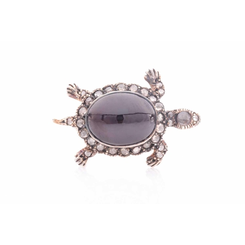 158 - A novelty silver gilt and diamond brooch in the form of a tortoise, the shell set with a cabochon ga... 