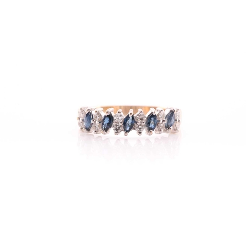 169 - A sapphire and diamond half hoop ring in 9 carat gold setting, the five marquise cut sapphires each ... 