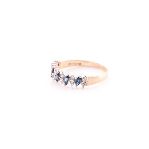 169 - A sapphire and diamond half hoop ring in 9 carat gold setting, the five marquise cut sapphires each ... 
