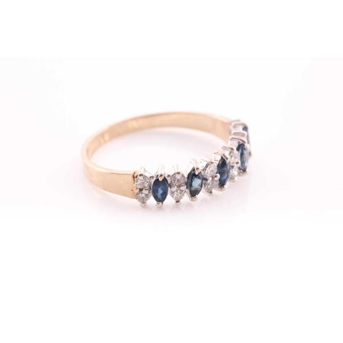 169 - A sapphire and diamond half hoop ring in 9 carat gold setting, the five marquise cut sapphires each ... 