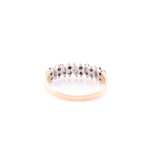 169 - A sapphire and diamond half hoop ring in 9 carat gold setting, the five marquise cut sapphires each ... 
