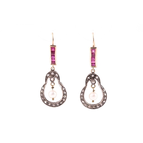 173 - A pair of yellow metal, diamond, and ruby drop earrings, the silver mounts inset with rose-cut diamo... 