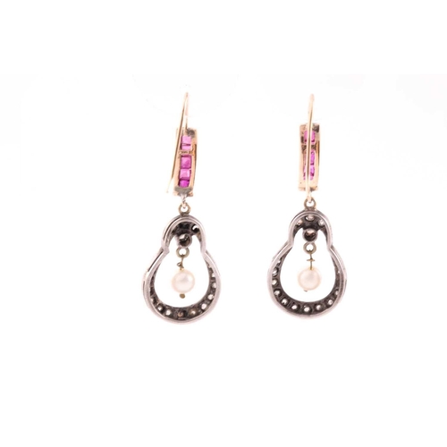 173 - A pair of yellow metal, diamond, and ruby drop earrings, the silver mounts inset with rose-cut diamo... 