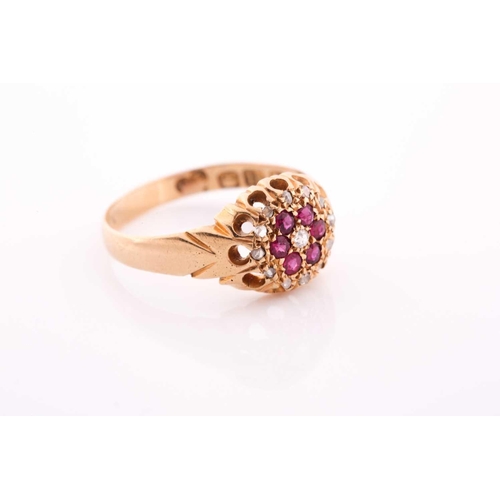209 - An 18ct yellow gold, diamond, and ruby floral cluster ring, the claw-raised mount pave-set with mixe... 