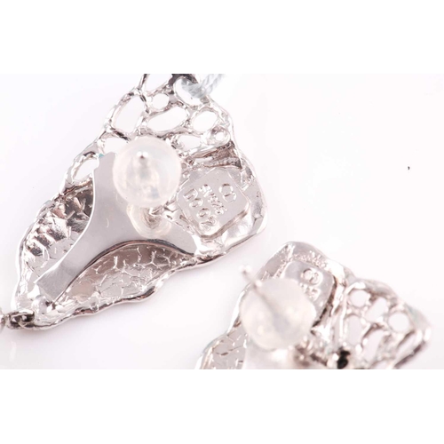 236 - A pair of silver, diamond, and South Sea pearl earrings, each with naturalistic handmade mount, with... 
