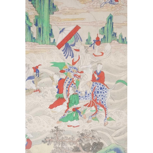 1 - Chinese school, early 20th century, Taoist celestial beings, amongst rocks, waves and clouds, waterc... 