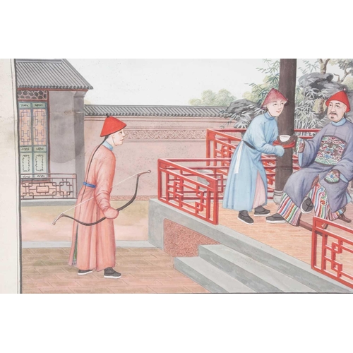 10 - Chinese export school, 19th century, a dignitary with attendants and archer, within a walled courtya... 