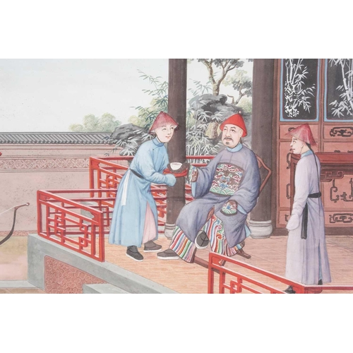 10 - Chinese export school, 19th century, a dignitary with attendants and archer, within a walled courtya... 