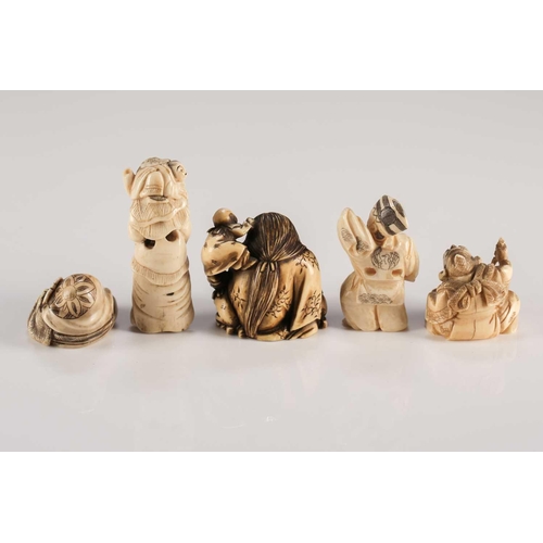 100 - A collection of five Japanese ivory netsuke, Meiji period. Including Fukurokuju, Ebisu and three oth... 