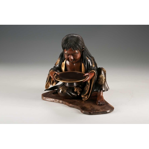 105 - A Japanese bronze and gilt metal figure of Shojo, Meij period, the drunken spirit with long flowing ... 