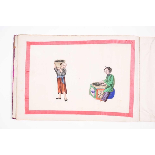 12 - An early 19th century Chinese export watercolour on pith paper album, the twelve stages of tea produ... 