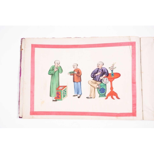 12 - An early 19th century Chinese export watercolour on pith paper album, the twelve stages of tea produ... 