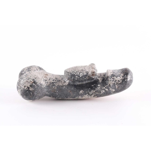 127 - A large Chinese carved variegated grey hardstone erotic study of an erect phallus with a cicada rest... 