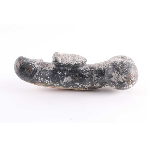 127 - A large Chinese carved variegated grey hardstone erotic study of an erect phallus with a cicada rest... 