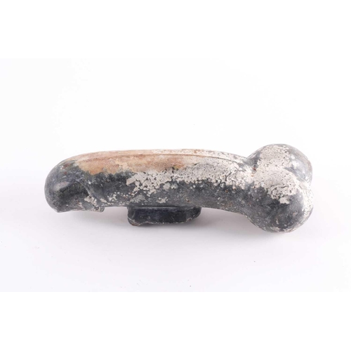 127 - A large Chinese carved variegated grey hardstone erotic study of an erect phallus with a cicada rest... 