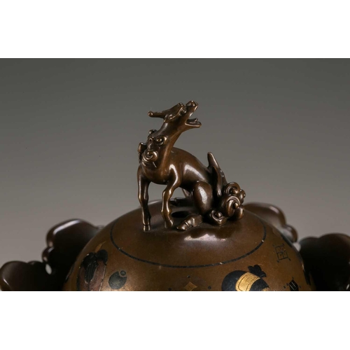 141 - A Japanese bronze garniture by Nogawa, Meiji period, the covered bowl with kirin knop and inlaid wit... 