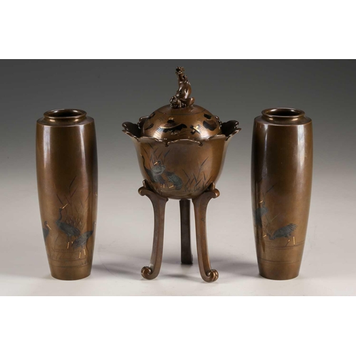 141 - A Japanese bronze garniture by Nogawa, Meiji period, the covered bowl with kirin knop and inlaid wit... 